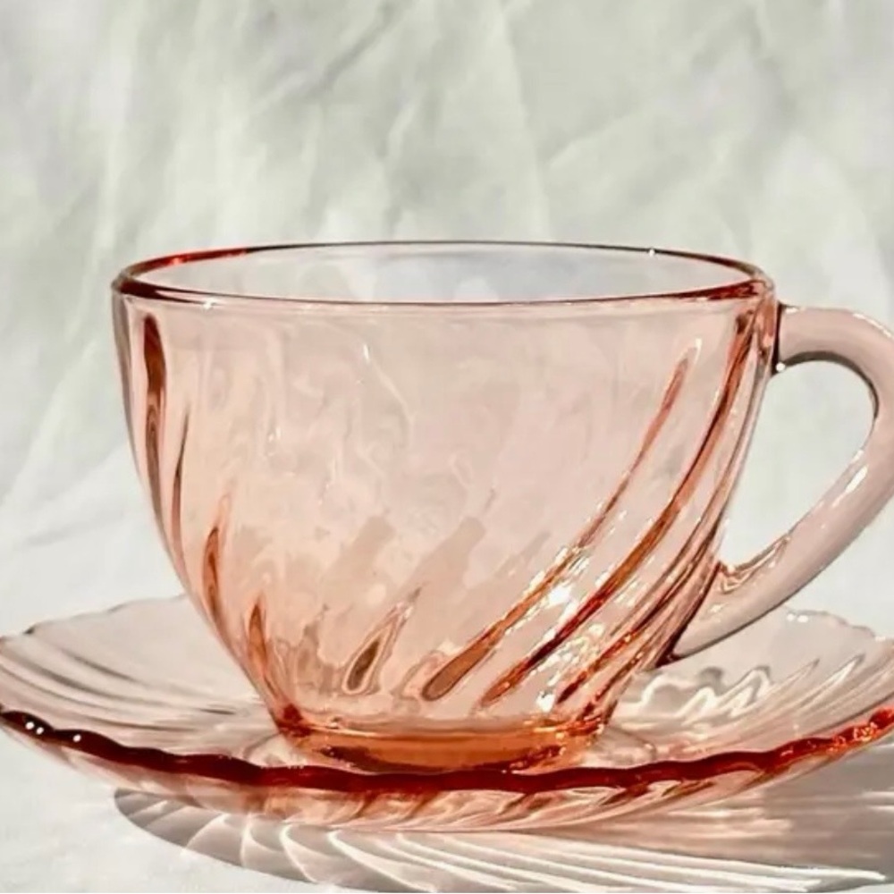 Vintage arcoroc France 25 swirl Pink Glass Tea Cup and Saucer Set
